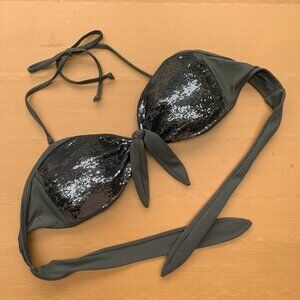 Black Sequin Bikini Top | Tie-Front Halter | Size Large | Y2K Beach Glam aerie